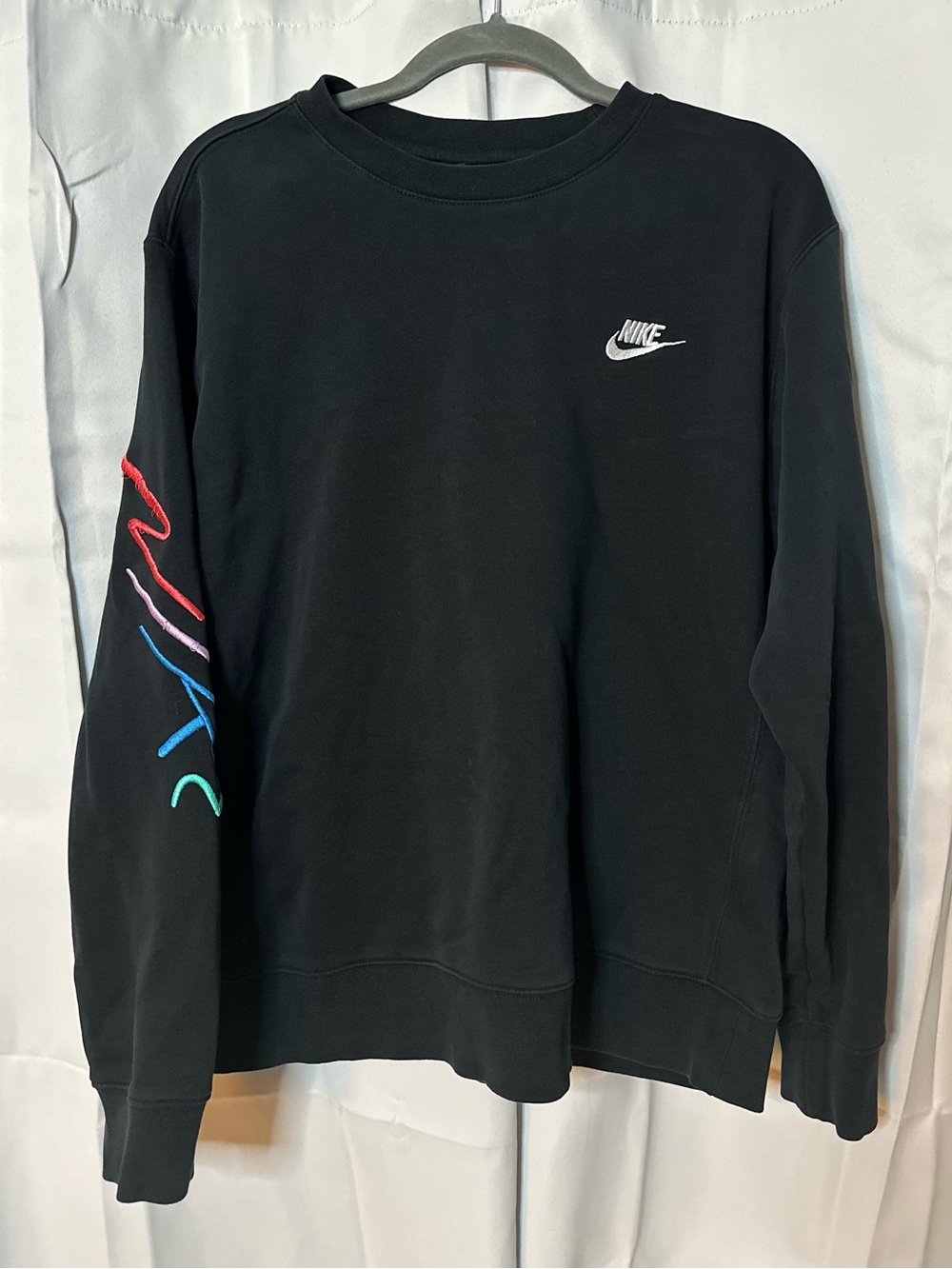 Nike club black crewneck sweatshirt with multicoloured embroidered logo  Size M